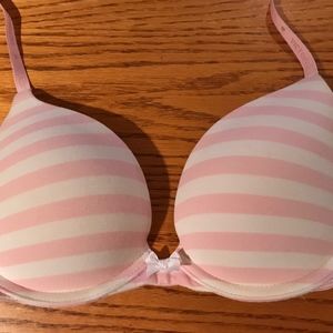 VS White/Light Pink Striped Plunge Push Up Bra 34B